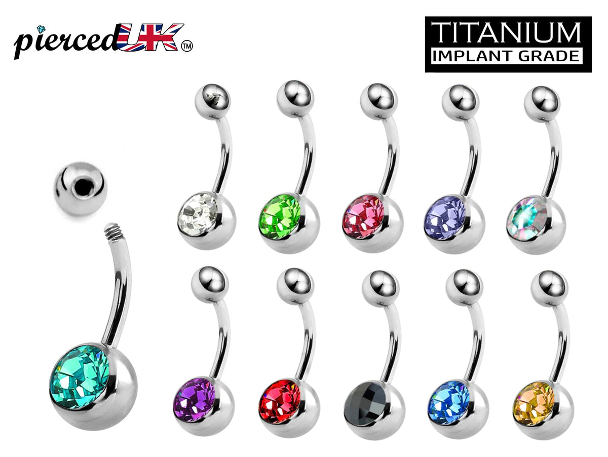 Navel Ring Titanium, Belly Ring - Belly Bar with Single Gem Crystals- 14g (1.6mm) - Ideal Piercing for Bely Button Piercing