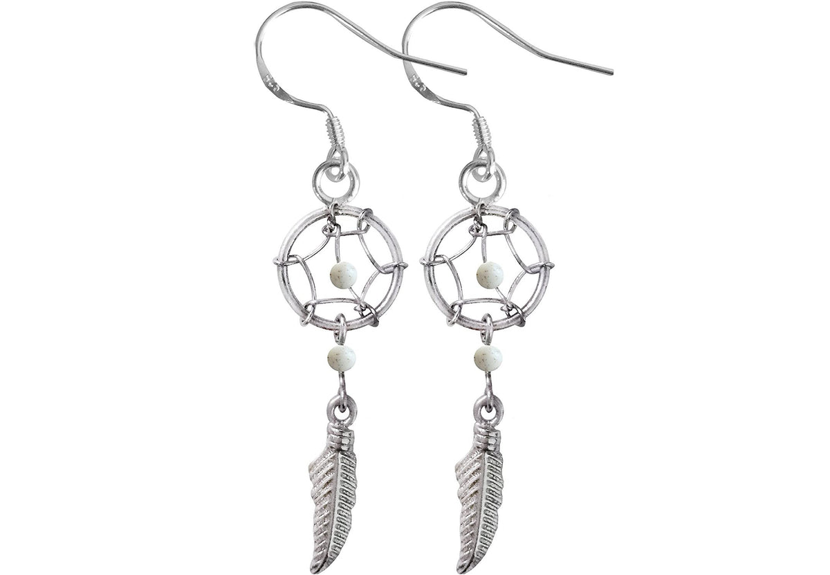 Dreamcatcher Earrings, Dangle Earrings - Silver Native American Jewelry Dreamcatcher Drop Earrings with Genuine Bead Gemstones