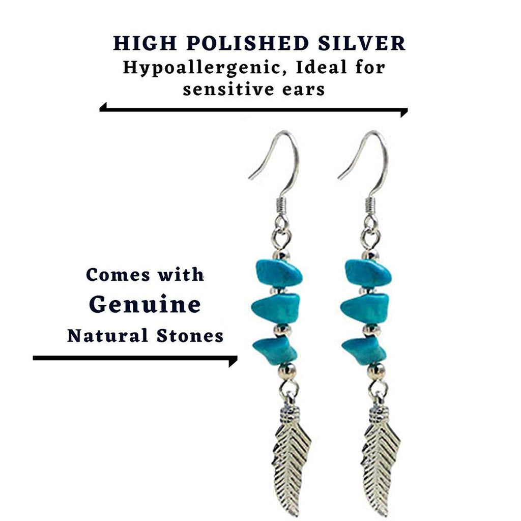 Dreamcatcher Earrings, Dangle Silver Earrings with Genuine Turquoise Stone beads - Perfect Gift - Packed in a lovely Velvet Pouched