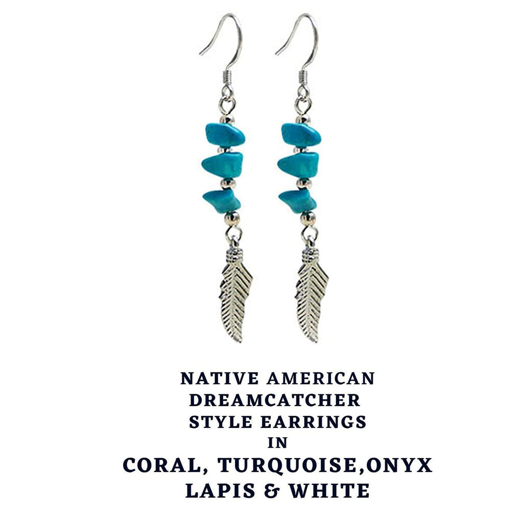 Dreamcatcher Earrings, Dangle Silver Earrings with Genuine Turquoise Stone beads - Perfect Gift - Packed in a lovely Velvet Pouched