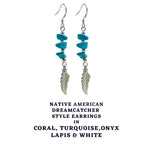 Dreamcatcher Earrings, Dangle Silver Earrings with Genuine Turquoise Stone beads - Perfect Gift - Packed in a lovely Velvet Pouched