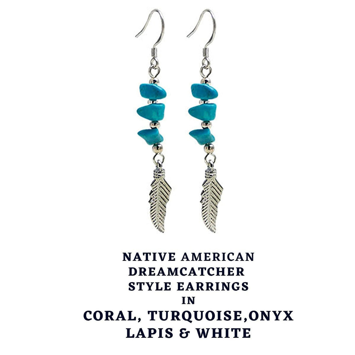 Dreamcatcher Earrings, Dangle Silver Earrings with Genuine Turquoise Stone beads - Perfect Gift - Packed in a lovely Velvet Pouched