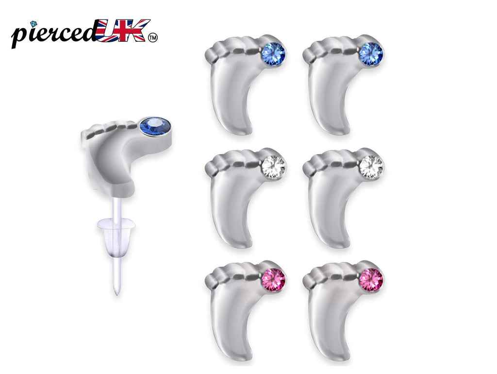 Plastic Post Earrings, Hypoallergenic Earrings Studs Set -  Foot Feet Earrings with Round Crystal Set - You get 3 pairs