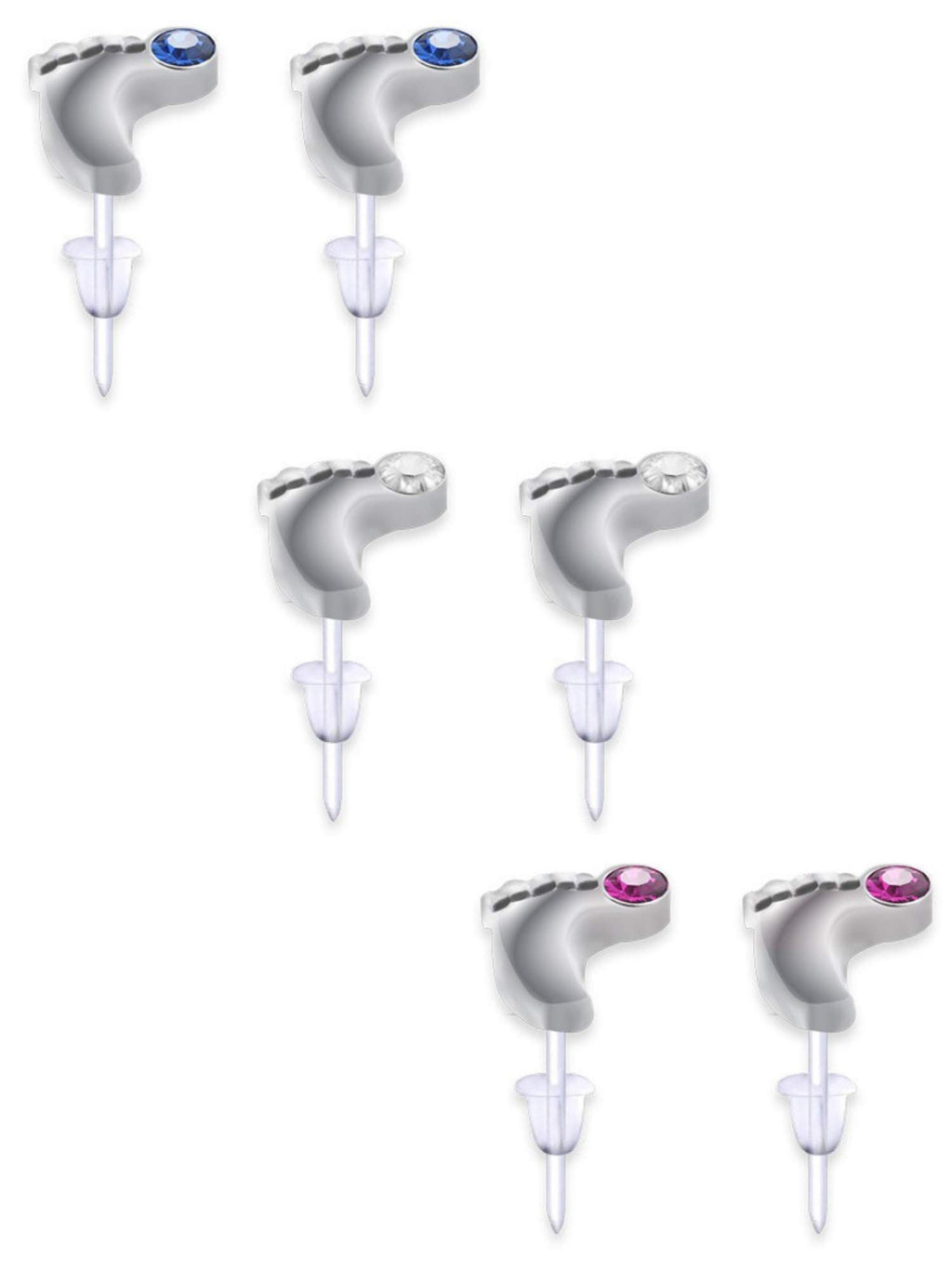 Plastic Post Earrings, Hypoallergenic Earrings Studs Set -  Foot Feet Earrings with Round Crystal Set - You get 3 pairs