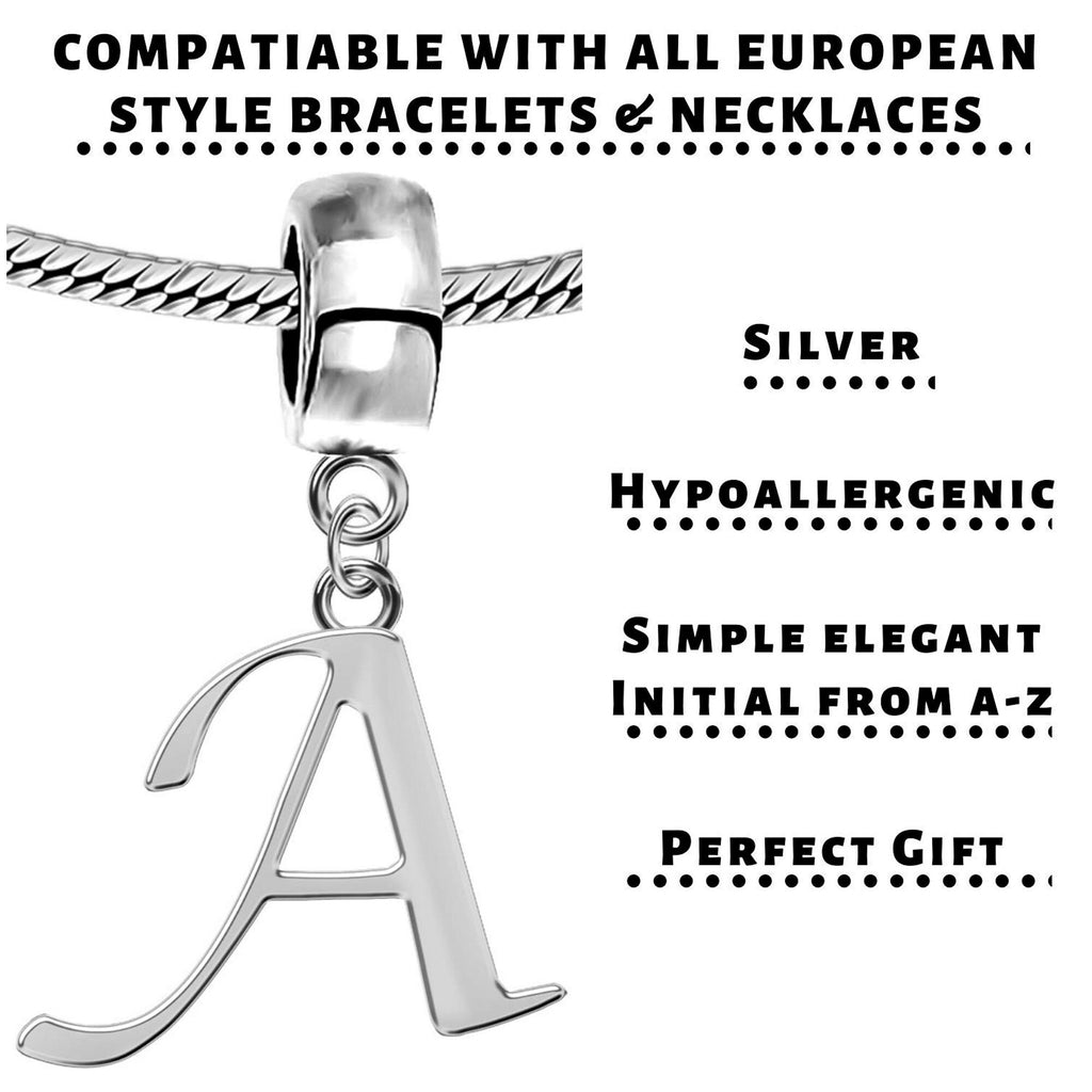 Silver Initial Letter,  Alphabet Charms - Initial Charms fits all European and Italian Charm Bracelets and Other Styles of Bracelets.