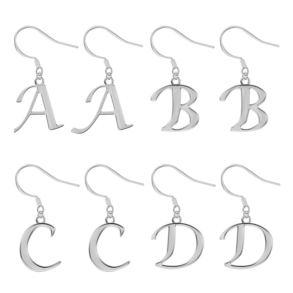 Initial Earrings, Letter Earrings - Silver Dangle & Drop Alphabet A-Z with Hook Ear Wire which is Easy to Wear for all Occasions