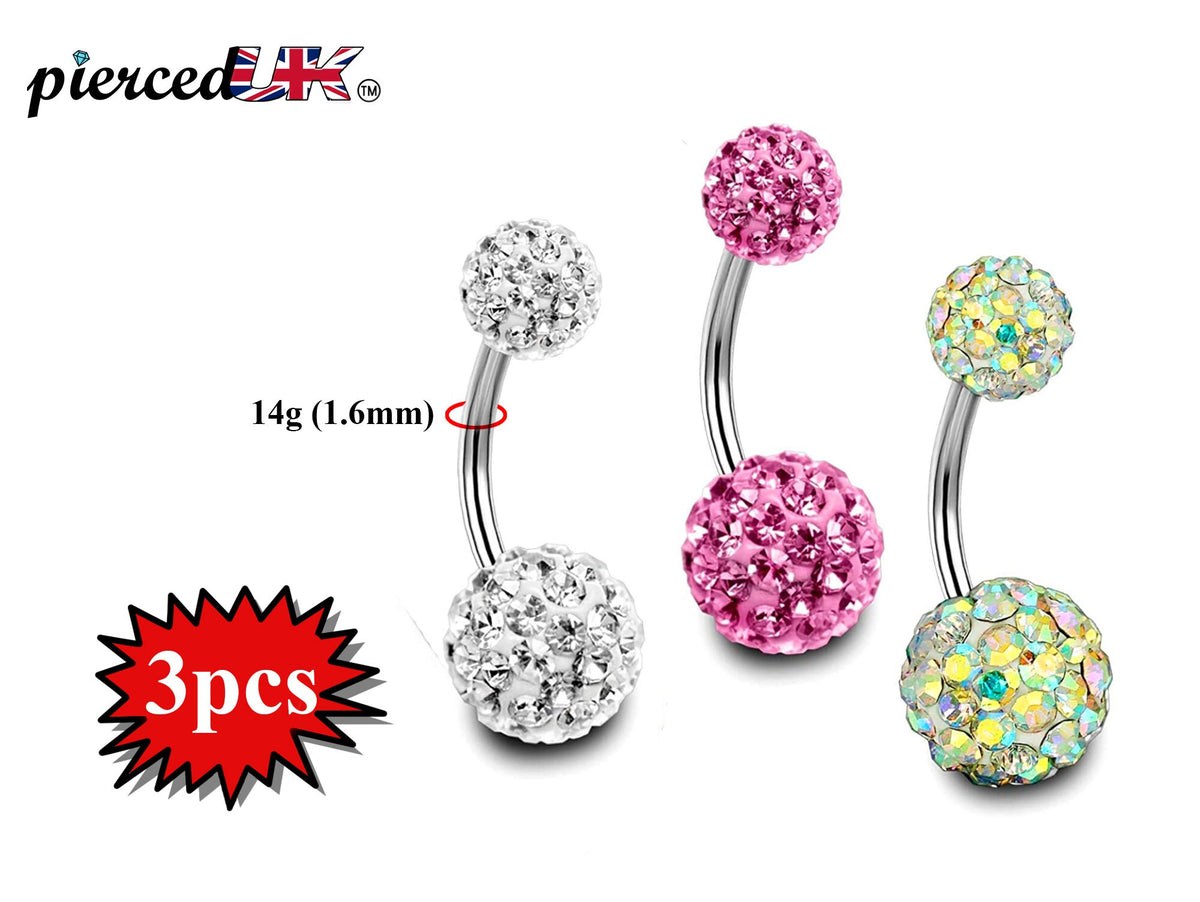 Belly Button Rings, Belly Bars - 3pcs Disco Ball Belly Ring with Multi Bling Crystals Color Clear, Aurora and Pink - 14g (1.6mm)