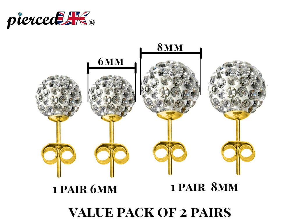 Disco Ball Earrings, Glitter Ball Studs Earrings - 2 Pairs of Gold Plated Multi Crystal Ball Silver Earring size 6mm and 8mm Ball