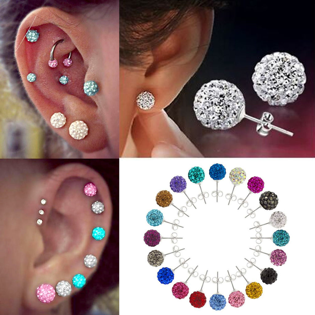 Disco Ball Earrings, Glitter Ball Studs Earrings - 2 Pairs of Gold Plated Multi Crystal Ball Silver Earring size 6mm and 8mm Ball