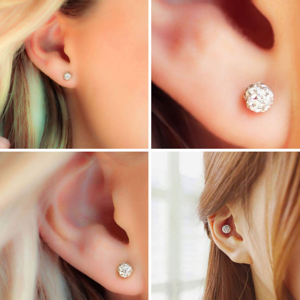 Disco Ball Earrings, Glitter Ball Studs Earrings - 2 Pairs of Gold Plated Multi Crystal Ball Silver Earring size 6mm and 8mm Ball