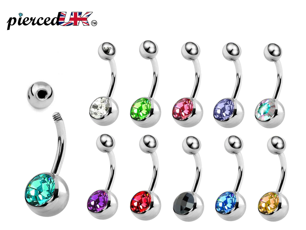 Navel Jewelry, Navel Ring - Belly Bar with Single Gem Crystals- 14g (1.6mm) - Ideal Piercing for Bely Button Piercing