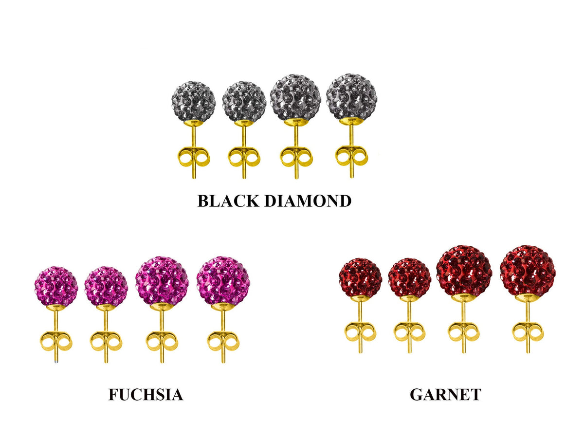 Disco Ball Earrings, Glitter Ball Studs Earrings - 2 Pairs of Gold Plated Multi Crystal Ball Silver Earring size 6mm and 8mm Ball