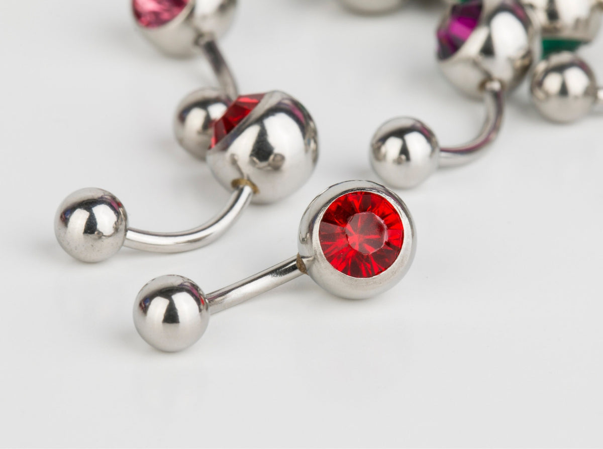 Navel Jewelry, Navel Ring - Belly Bar with Single Gem Crystals- 14g (1.6mm) - Ideal Piercing for Bely Button Piercing