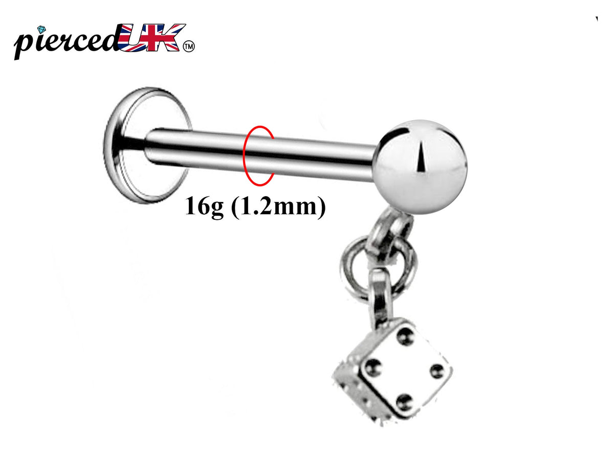 Dice Labret Stud, Labret Piercing – Dangle Dice Steel Flatback Lip Piercing Jewelry – 16g (1.2mm) Labret Piercing for Lip, Chin and More