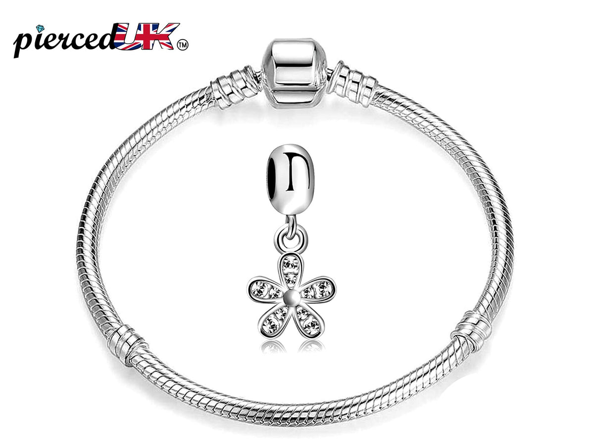 Charm Bracelet, European Charms - Silver Flower Charm with Crystal and Snake Chain Bracelet in one Set - Bracelet Length 15cm to 22cm