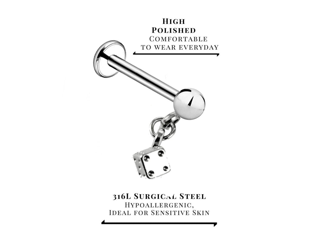 Dice Labret Stud, Labret Piercing – Dangle Dice Steel Flatback Lip Piercing Jewelry – 16g (1.2mm) Labret Piercing for Lip, Chin and More