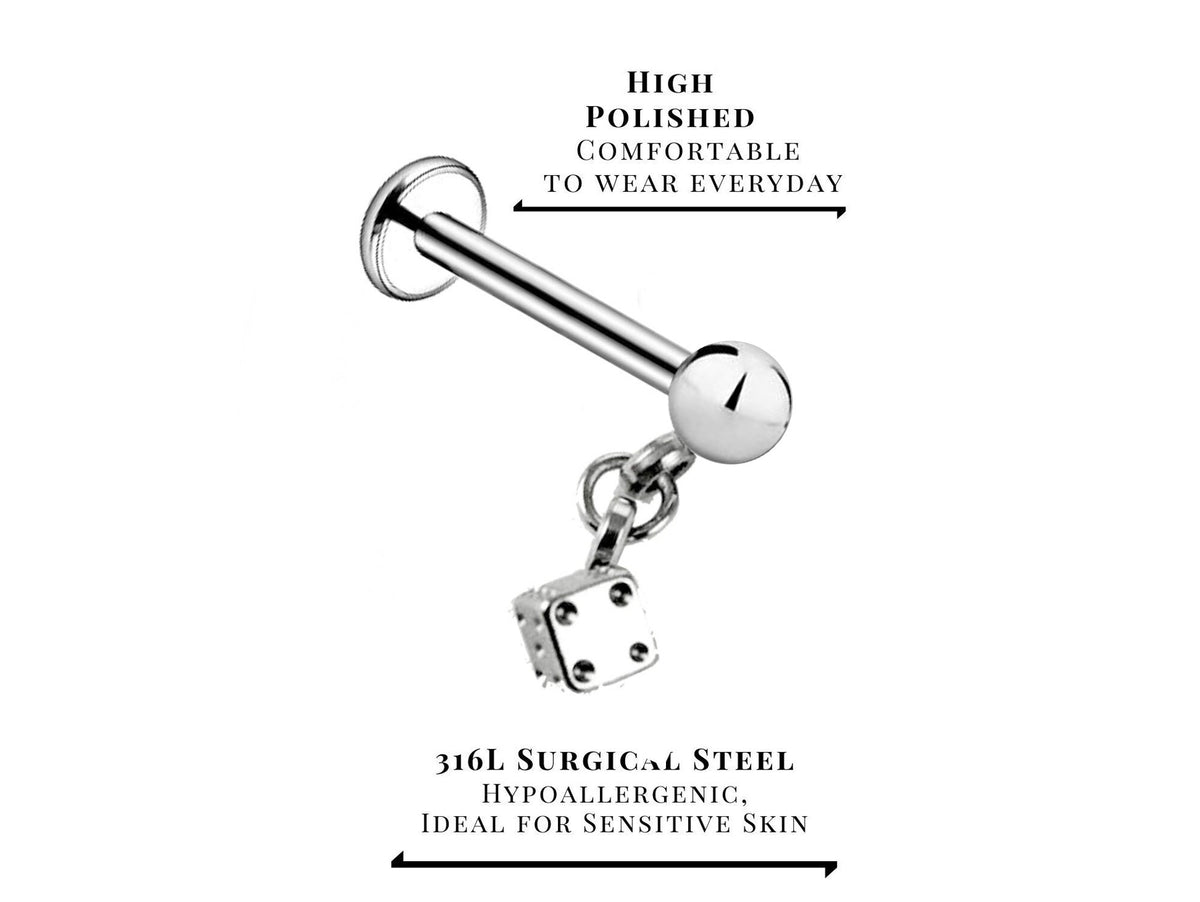 Dice Labret Stud, Labret Piercing – Dangle Dice Steel Flatback Lip Piercing Jewelry – 16g (1.2mm) Labret Piercing for Lip, Chin and More