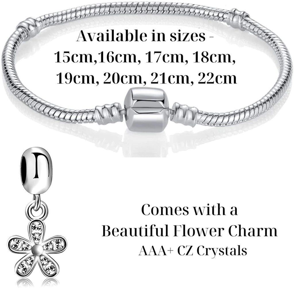 Charm Bracelet, European Charms - Silver Flower Charm with Crystal and Snake Chain Bracelet in one Set - Bracelet Length 15cm to 22cm