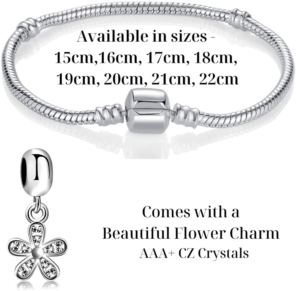 Charm Bracelet, European Charms - Silver Flower Charm with Crystal and Snake Chain Bracelet in one Set - Bracelet Length 15cm to 22cm