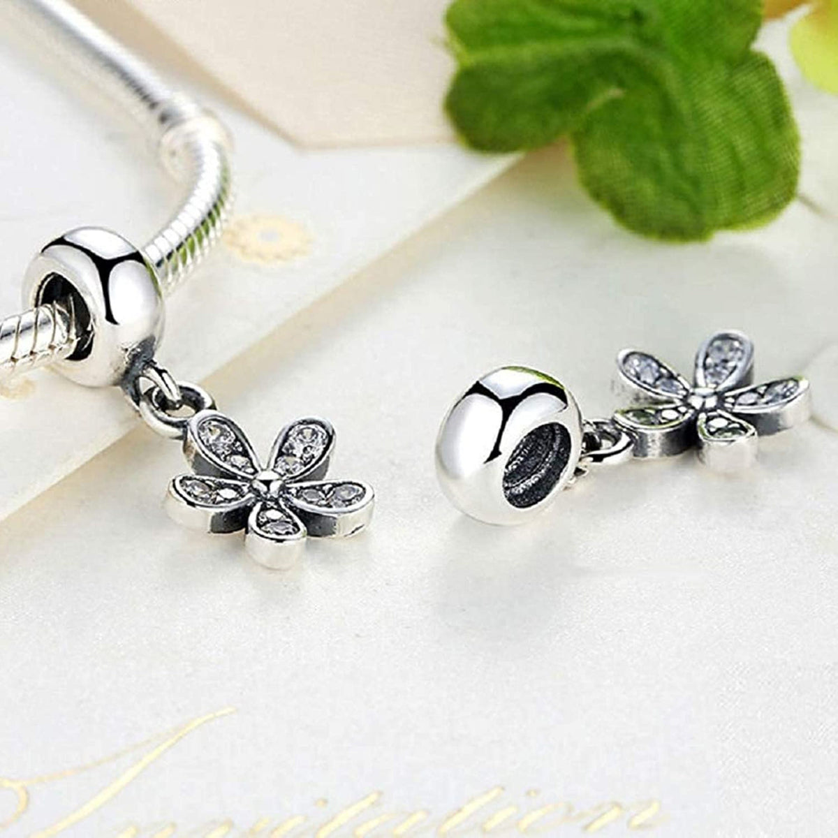 Charm Bracelet, European Charms - Silver Flower Charm with Crystal and Snake Chain Bracelet in one Set - Bracelet Length 15cm to 22cm