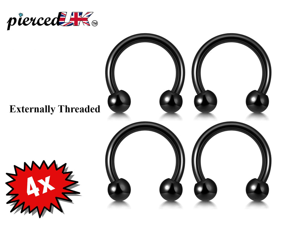 Black Horseshoe Septum Ring - 4pcs Circular Barbell (CBB) - also Piercing for Eyebrows, Ear, Lips- 18g, 16g, 14g size 6mm to 16mm