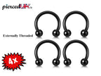 Black Horseshoe Septum Ring - 4pcs Circular Barbell (CBB) - also Piercing for Eyebrows, Ear, Lips- 18g, 16g, 14g size 6mm to 16mm