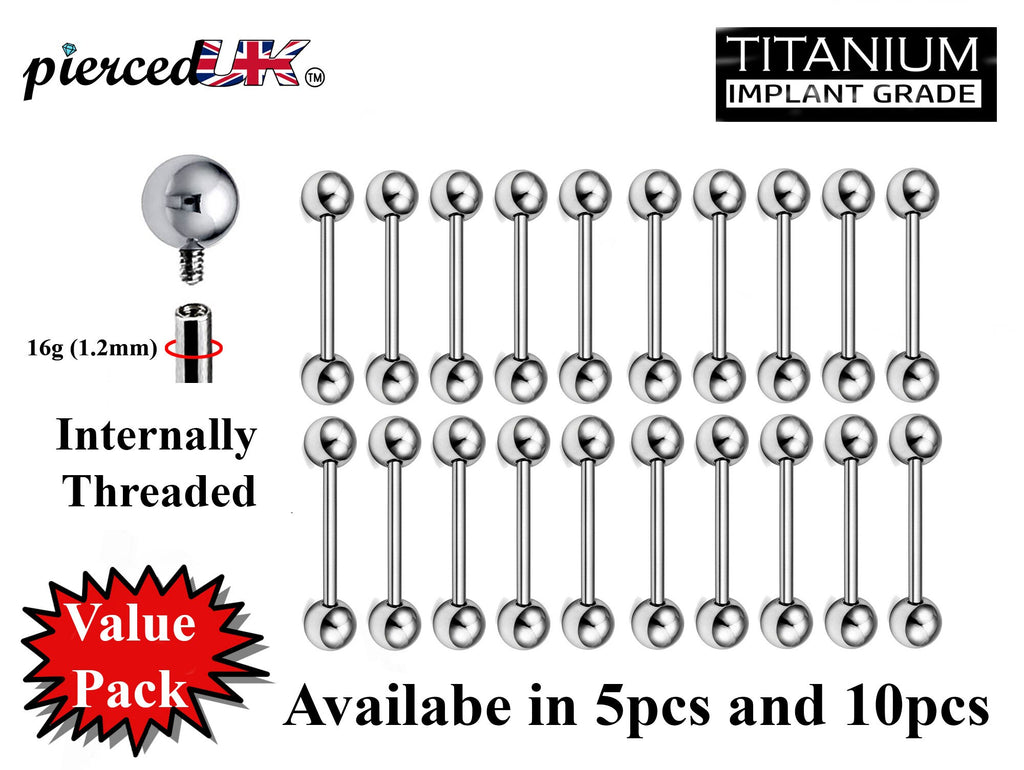 Titanium Barbell Piercing, Internally Threaded Barbell – 16g (1.2mm) – Value Pack of 5pcs and 10pcs Piercing for Tongue, Nipple Piercing