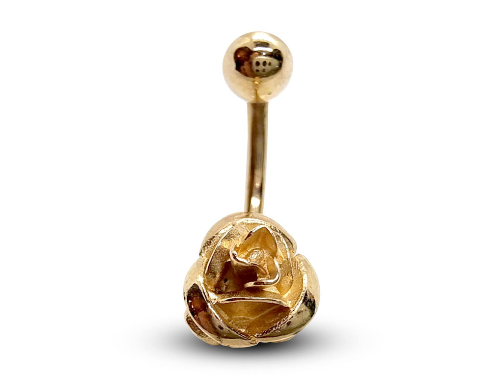 14K Gold Rose Flower Belly Bar- Solid Gold Navel Piercing Jewelry - Rose Design - Hand Polished - Fine Gold Body Jewelry