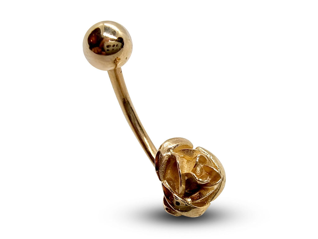 14K Gold Rose Flower Belly Bar- Solid Gold Navel Piercing Jewelry - Rose Design - Hand Polished - Fine Gold Body Jewelry