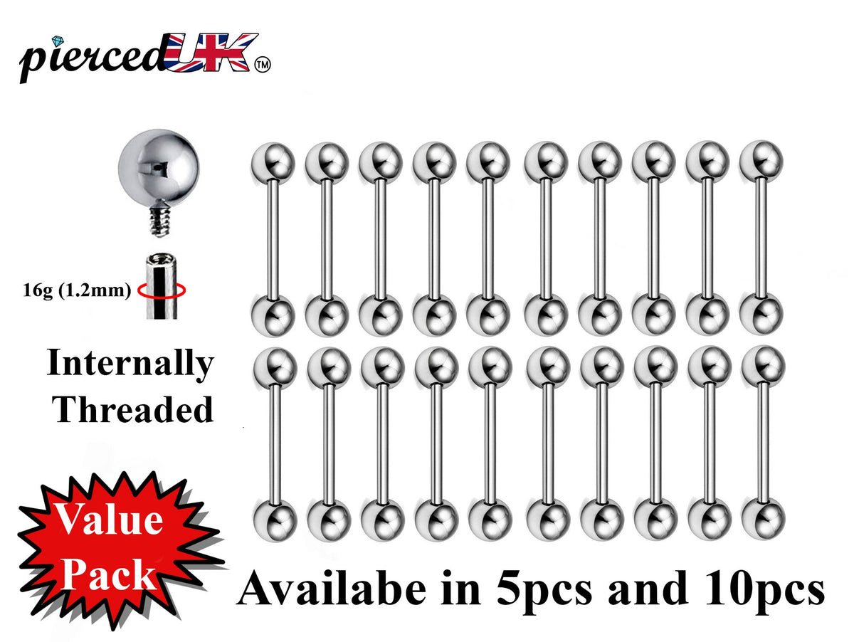 Barbell Piercing, Internally Threaded Barbell – 16g (1.2mm) – Value Pack of 5pcs and 10pcs Piercing for Tongue, Nipple Piercing