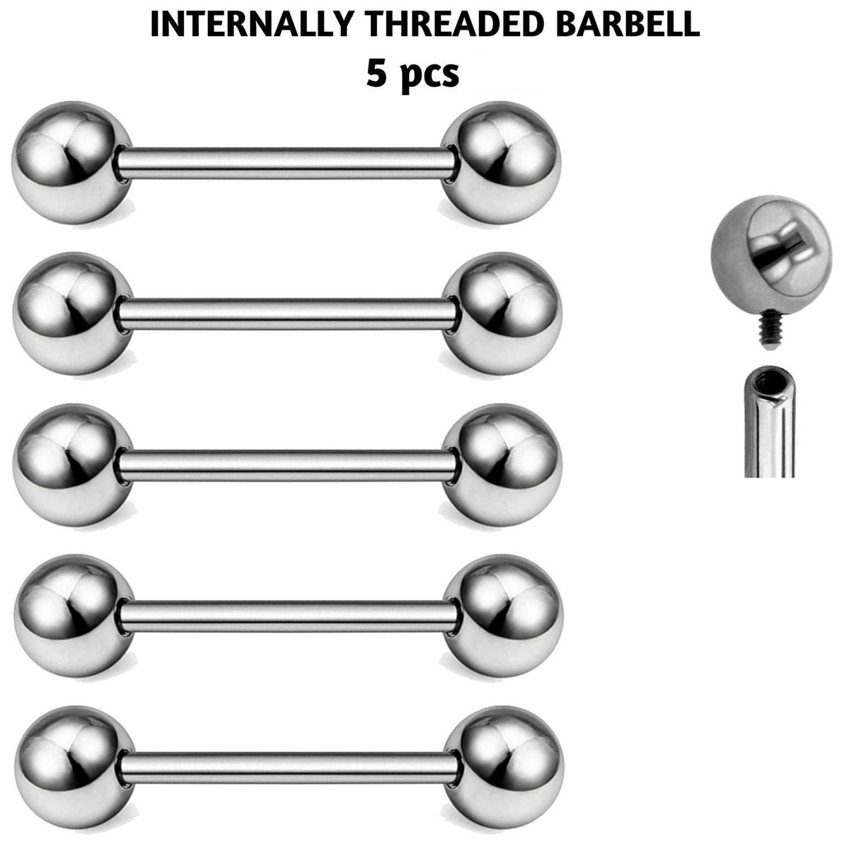 Barbell Piercing, Internally Threaded Barbell – 16g (1.2mm) – Value Pack of 5pcs and 10pcs Piercing for Tongue, Nipple Piercing