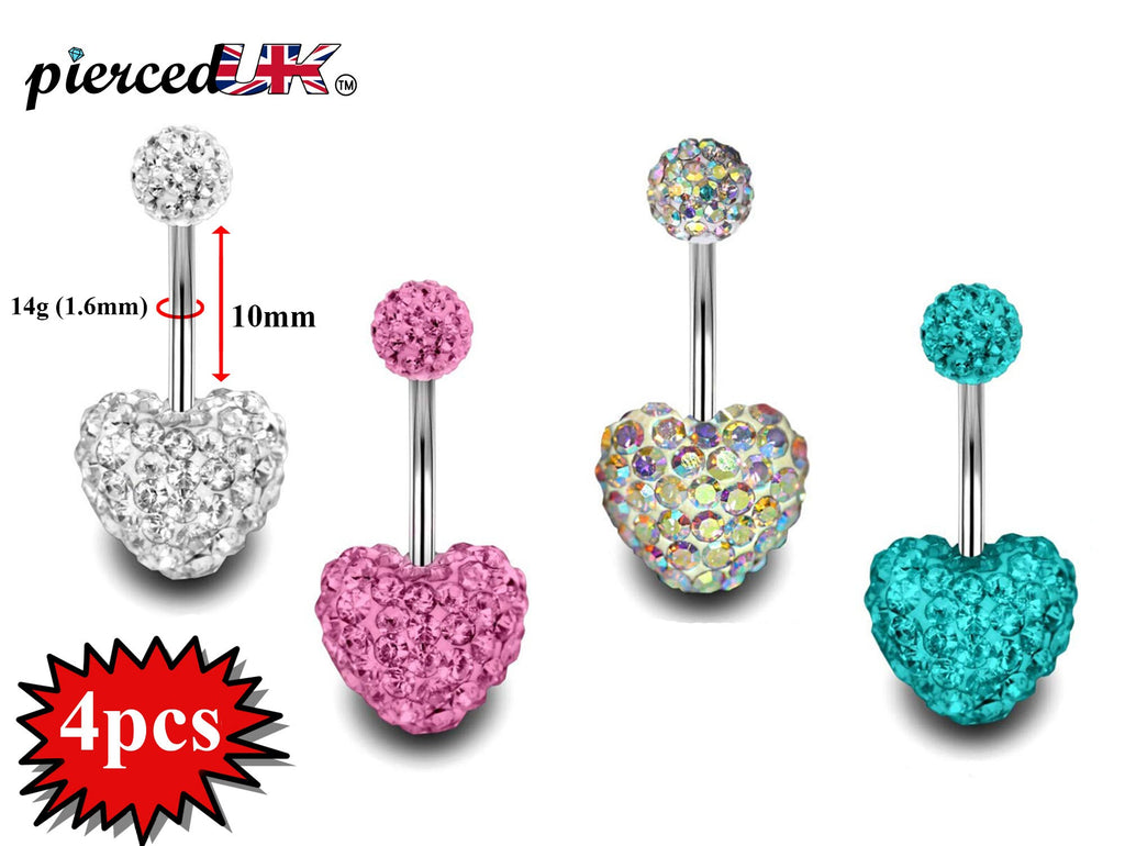 Heart Belly Button Rings, Belly Bars- 4pcs Bling Heart Belly Ring with Multi CZ Crystals Color - 14g (1.6mm) - Standard Length of 10mm