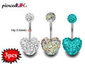Heart Belly Bars, Belly Button Rings,- 3pcs Bling Heart Belly Ring with Multi CZ Crystals Color Clear, Aurora and Aqua - 14g (1.6mm)