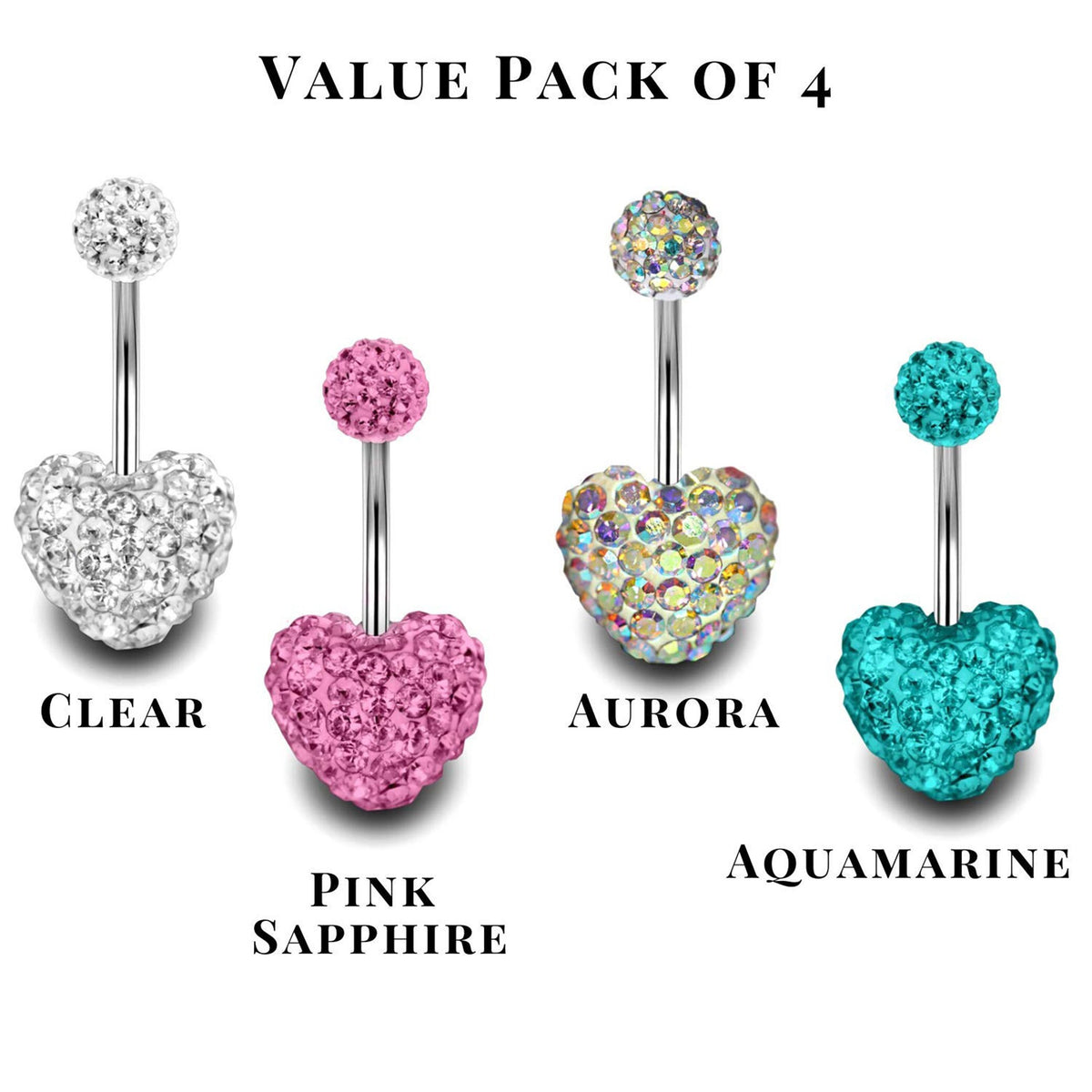 Heart Belly Button Rings, Belly Bars- 4pcs Bling Heart Belly Ring with Multi CZ Crystals Color - 14g (1.6mm) - Standard Length of 10mm