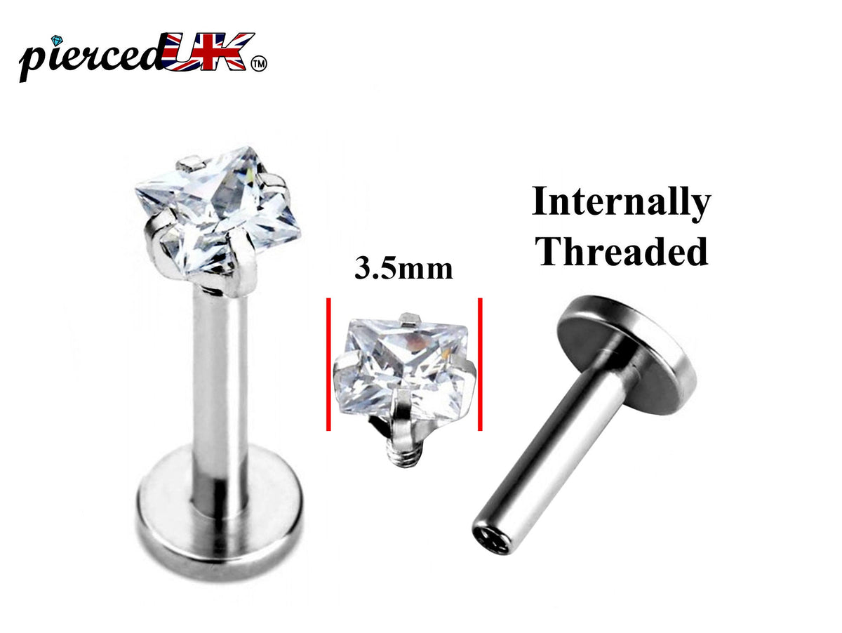 Labret Earring, Labret Stud – Internally threaded Square Top Prong Set Crystals– 16g (1.2mm) Labret Piercing Lip, Helix, Tragus, Cartilage