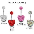 Heart Belly Button Rings, Belly Bars- 4pcs Bling Heart Belly Ring with Multi CZ Crystals Color - 14g (1.6mm) - Standard Length of 10mm