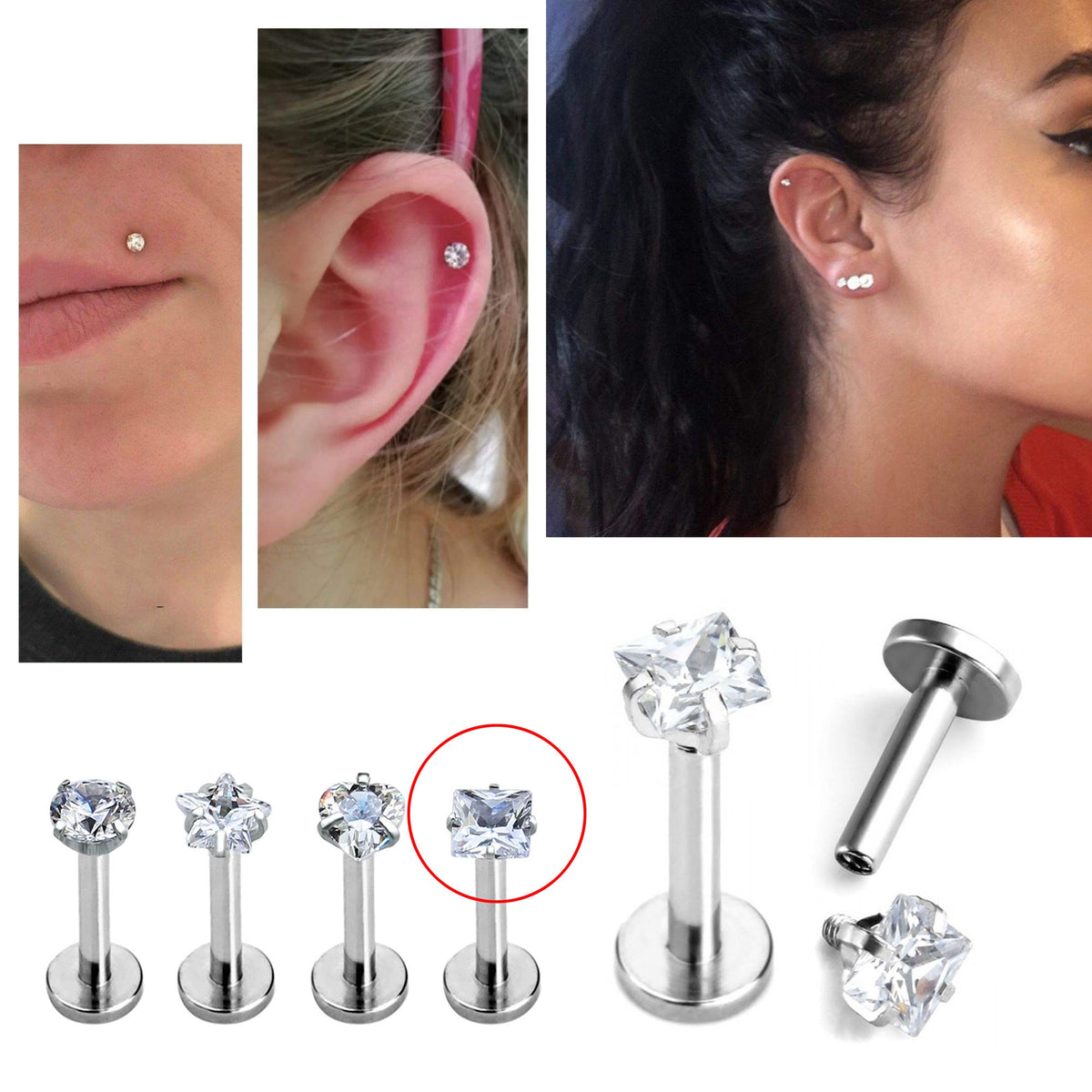 Labret Earring, Labret Stud – Internally threaded Square Top Prong Set Crystals– 16g (1.2mm) Labret Piercing Lip, Helix, Tragus, Cartilage