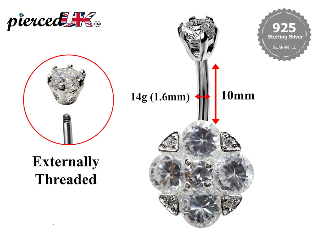 Silver Belly Bars, Belly Piercing - 4 Stones Belly Button Ring with High Quality CZ Crystals - Navel Jewelry - 16g (1.6mm) Length is 10mm