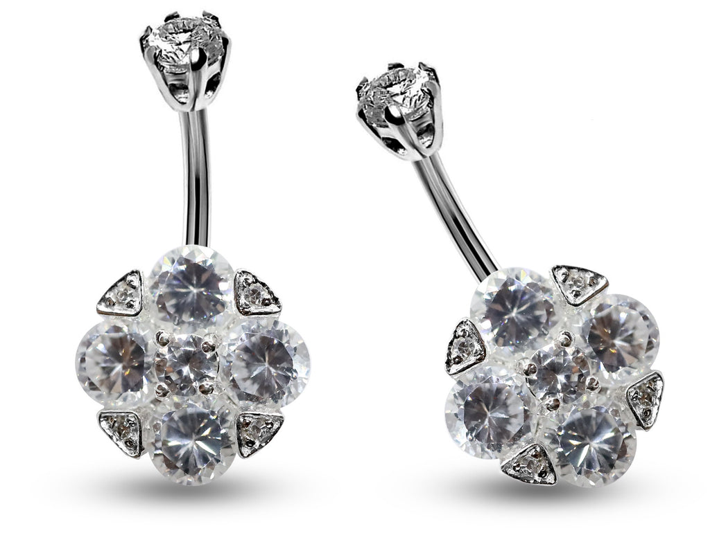 Silver Belly Bars, Belly Piercing - 4 Stones Belly Button Ring with High Quality CZ Crystals - Navel Jewelry - 16g (1.6mm) Length is 10mm
