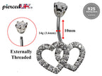 Silver Belly Bars, Belly Piercing - Double Heart Belly Ring with High Quality Oval CZ Crystals - Navel Jewelry - 16g (1.6mm) Length is 10mm