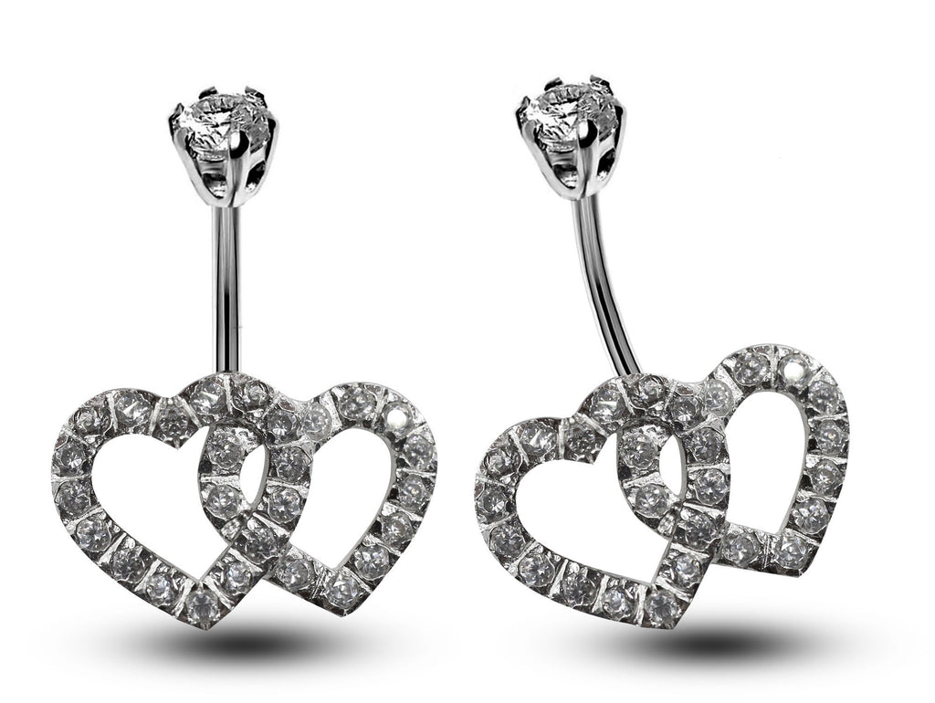 Silver Belly Bars, Belly Piercing - Double Heart Belly Ring with High Quality Oval CZ Crystals - Navel Jewelry - 16g (1.6mm) Length is 10mm