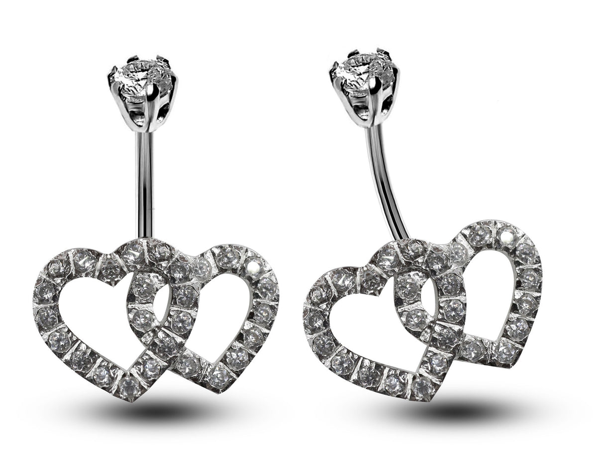 Silver Belly Bars, Belly Piercing - Double Heart Belly Ring with High Quality Oval CZ Crystals - Navel Jewelry - 16g (1.6mm) Length is 10mm