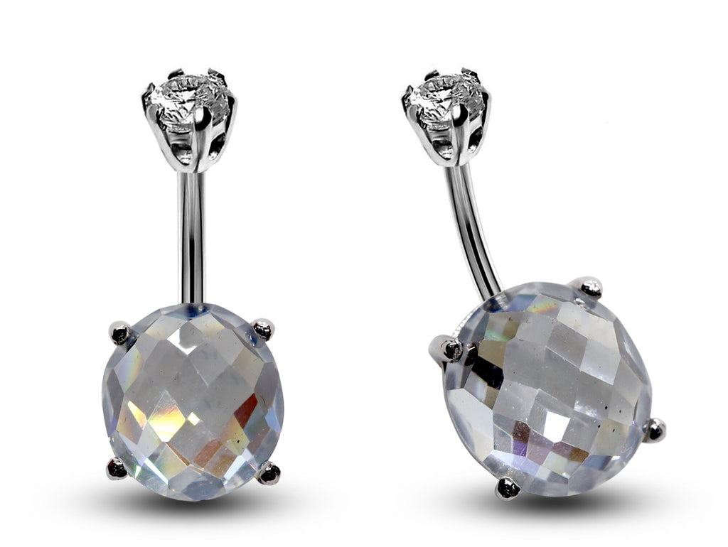 Silver Belly Button Piercing, Belly Bars - Diamond Cut Round Belly Ring with Quality CZ Crystals - Navel Ring - 16g (1.6mm) Length is 10mm