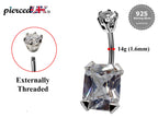 Silver Belly Bars, Navel Ring - Square Shape Belly Piercing with CZ Crystals - Navel Jewelry - 16g (1.6mm) Length 8mm to 12mm