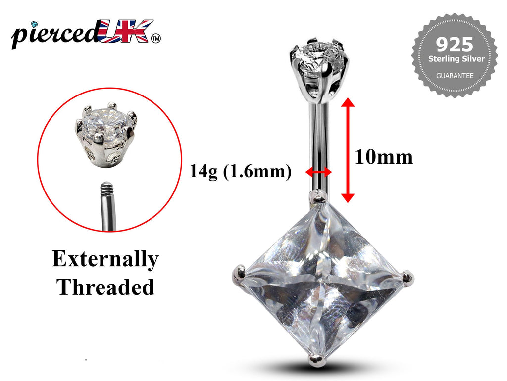 Silver Belly Bars, Belly Piercing - Diamond Shape Belly Ring with High Quality Oval CZ Crystals - Navel Jewelry - 16g (1.6mm) Length is 10mm
