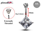 Silver Belly Bars, Belly Piercing - Diamond Shape Belly Ring with High Quality Oval CZ Crystals - Navel Jewelry - 16g (1.6mm) Length is 10mm