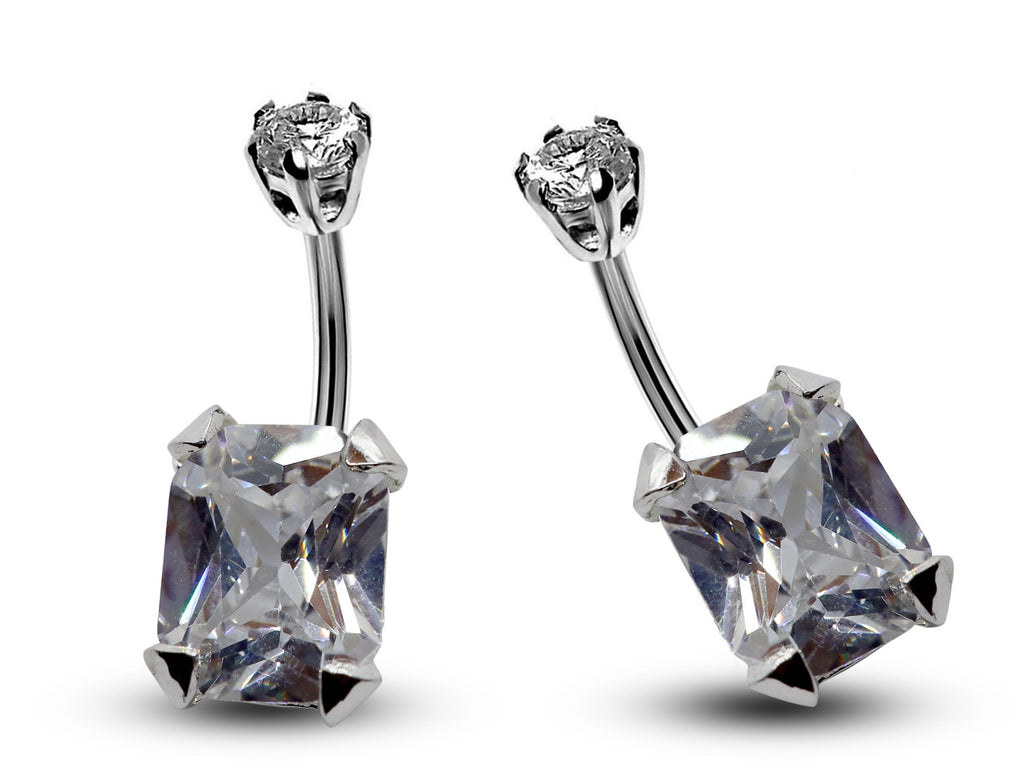 Silver Belly Bars, Navel Ring - Square Shape Belly Piercing with CZ Crystals - Navel Jewelry - 16g (1.6mm) Length 8mm to 12mm