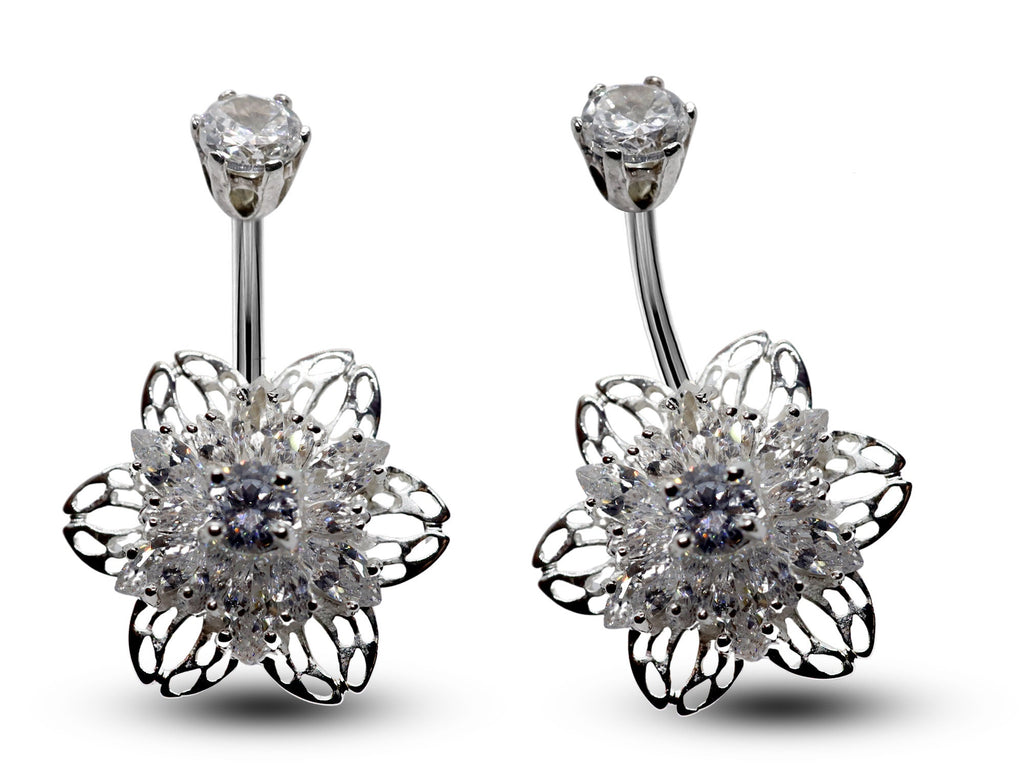Silver Belly Button Piercing, Belly Bars - Flower Belly Ring with High Quality CZ Crystals - Navel Ring - 16g (1.6mm) Length is 10mm
