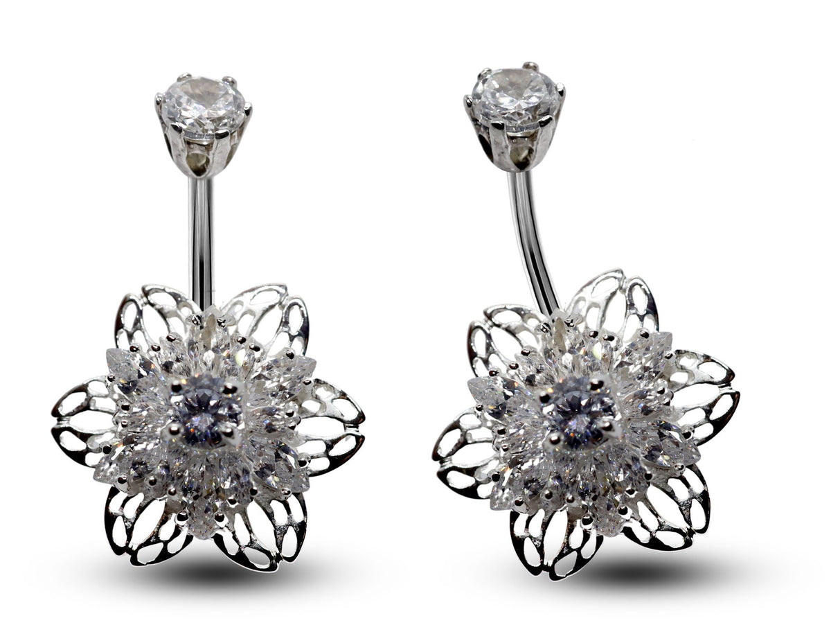 Silver Belly Button Piercing, Belly Bars - Flower Belly Ring with High Quality CZ Crystals - Navel Ring - 16g (1.6mm) Length is 10mm