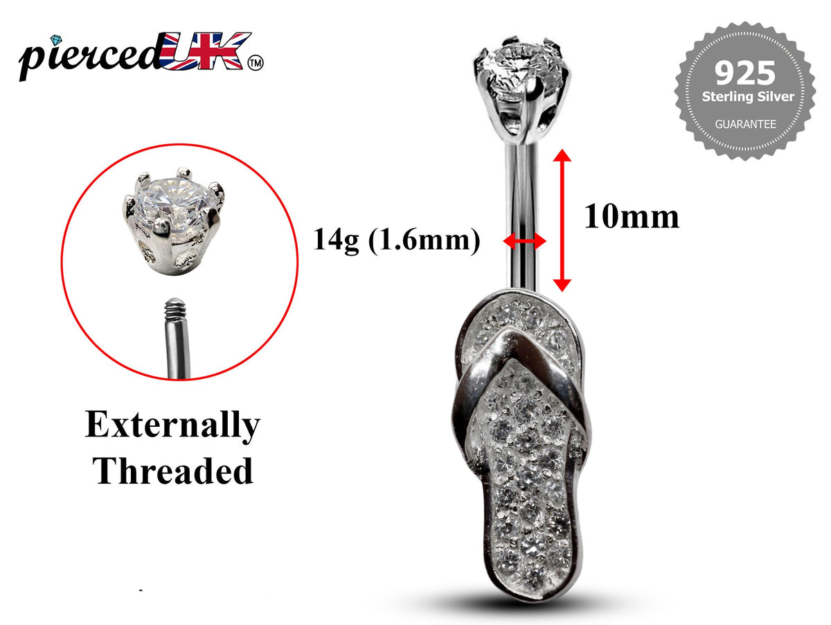 Silver Belly Button Rings, Navel Piercing - Flip Flop Belly Piercing with High Quality CZ Crystals -Navel Jewelry-16g (1.6mm) Length is 10mm